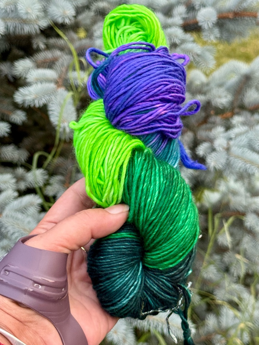 Hand-Dyed Multicolor Yarn Skein - Neon Green, Emerald & Purple
